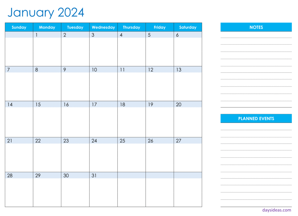 January 2024 Calendar Planner with Notes-sunday start