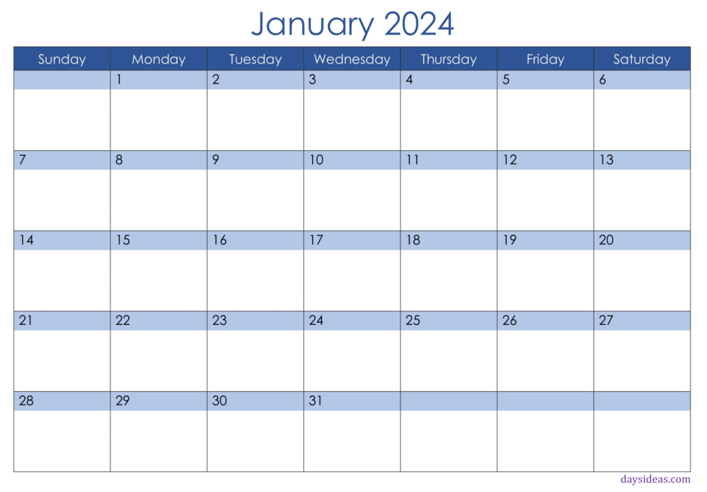 January 2024 Monthly Calendar Template - Sunday Start