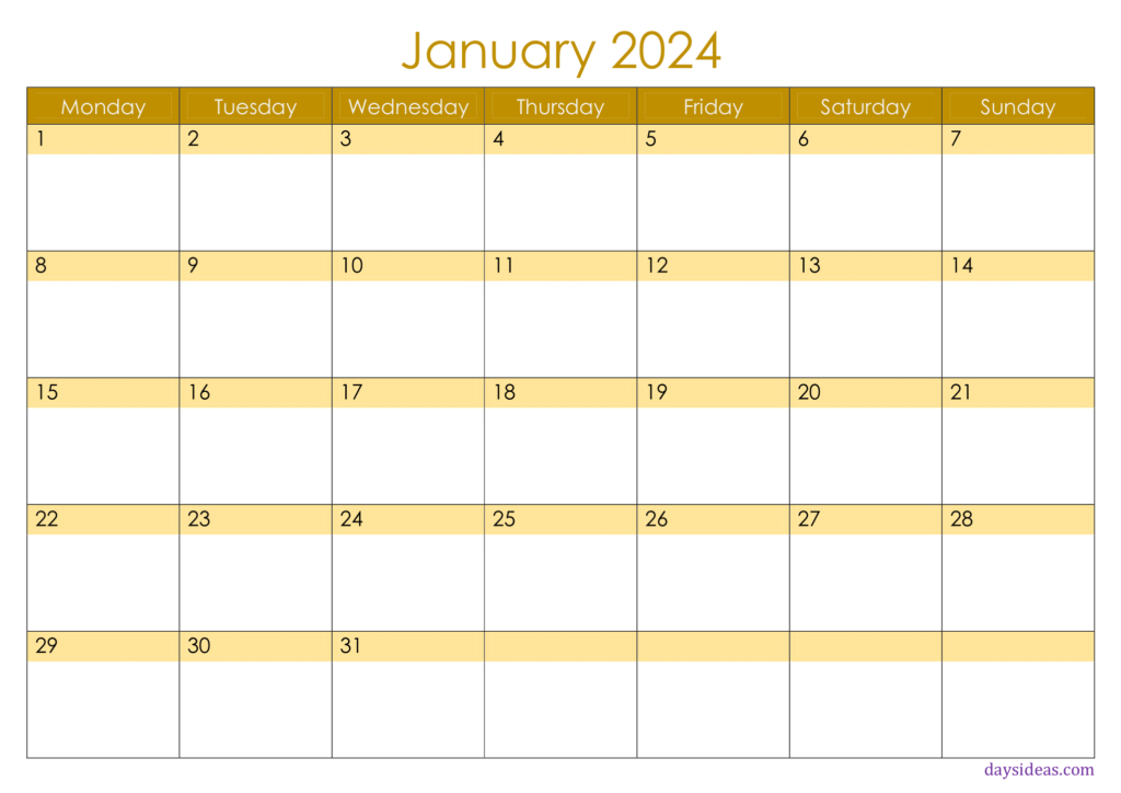 January 2024 Monthly Calendar light yellow colour Template - monday Start