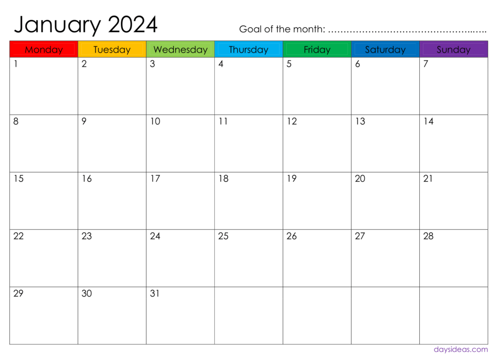 January 2024 Monthly Calendar - monday start-1