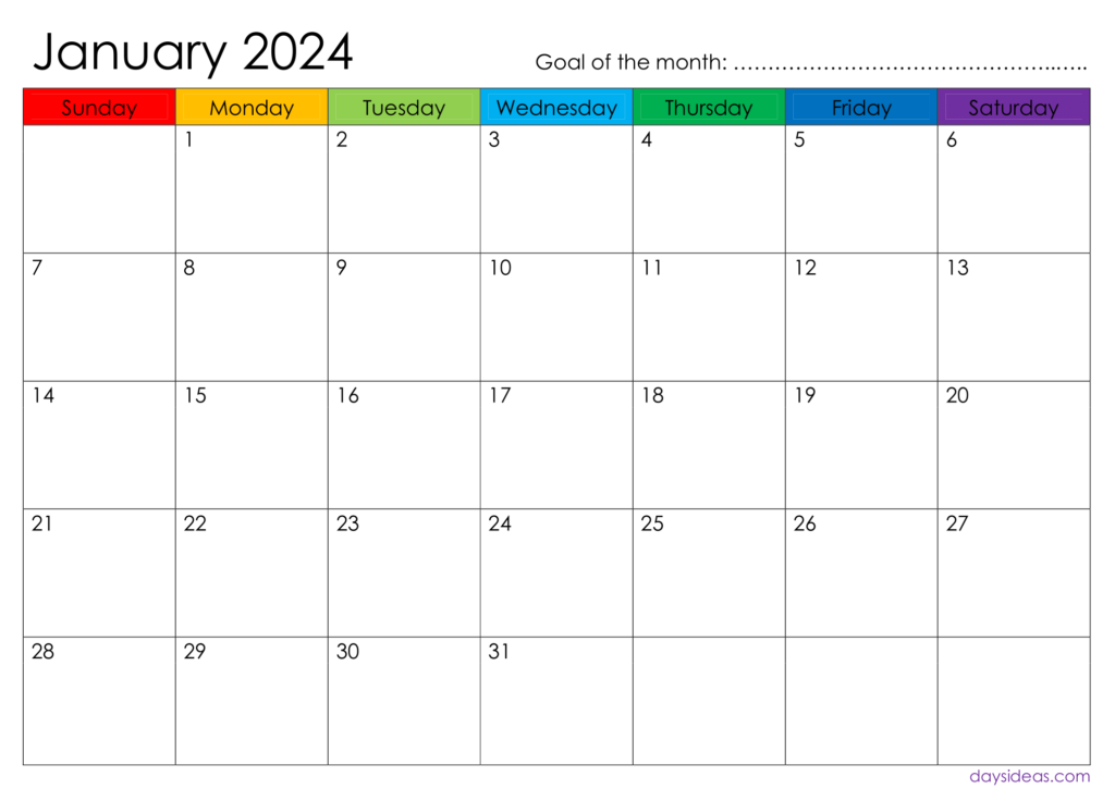 January 2024 Monthly Calendar - sunday start