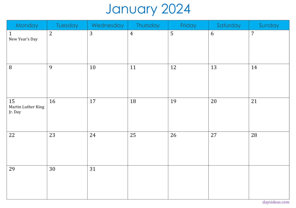 January 2024 Monthly Calendar with Holidays - monday start