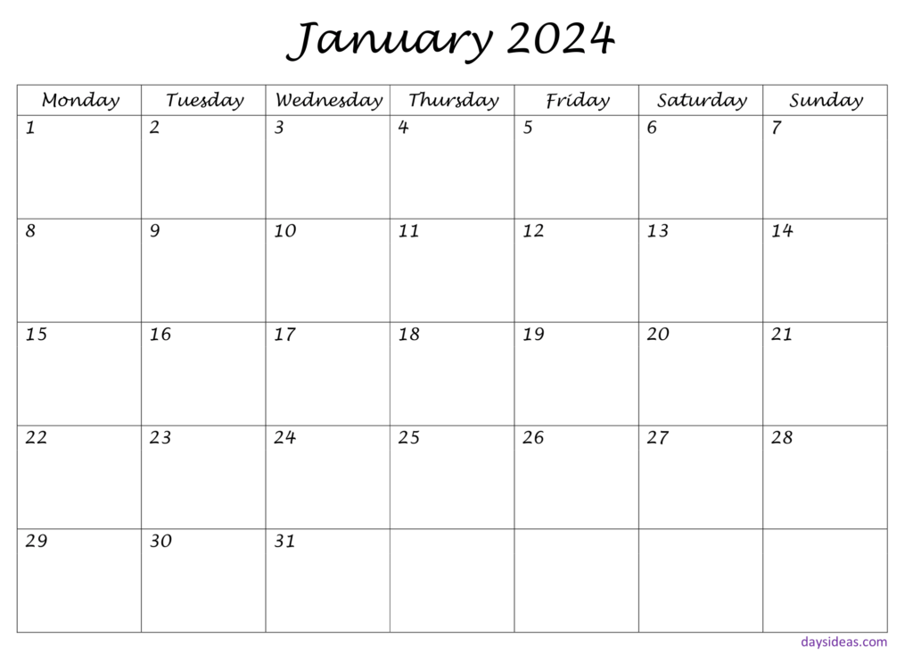 January 2024 Monthly Editable Calendar Free - monday start