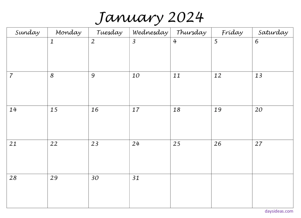 January 2024 Monthly Editable Calendar Free - sunday start