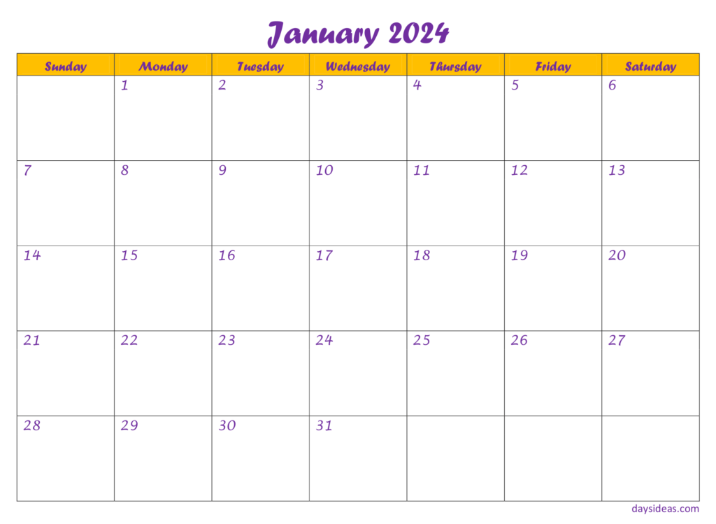 January 2024 Simple Calendar -Sunday Start