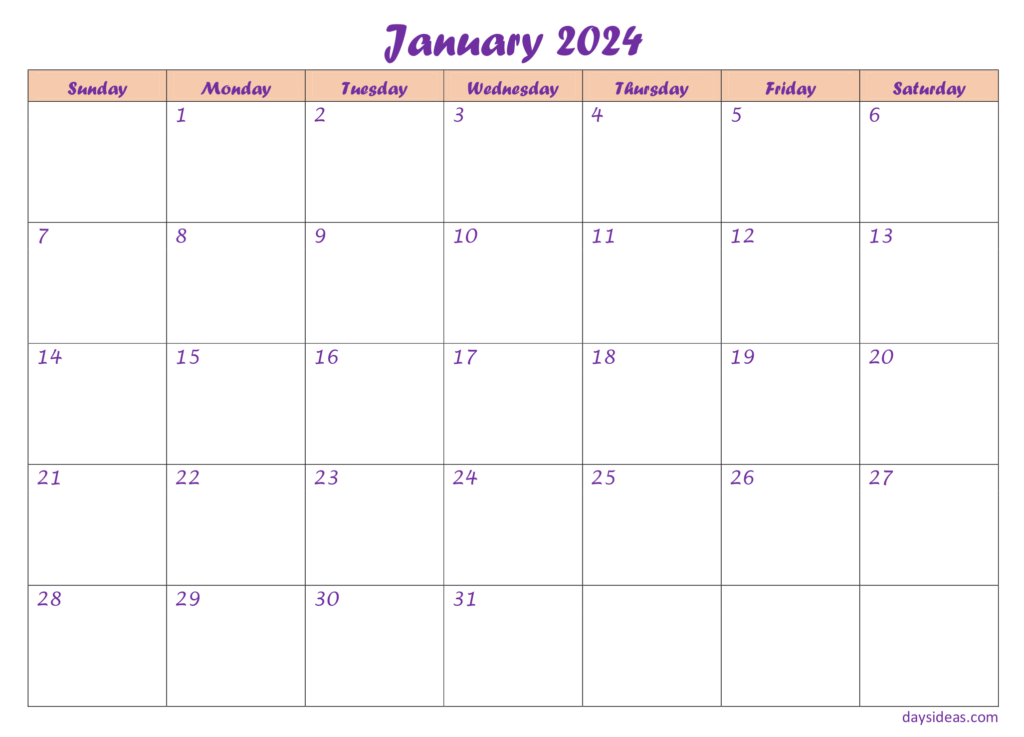 January 2024 Simple Calendar -monday Start