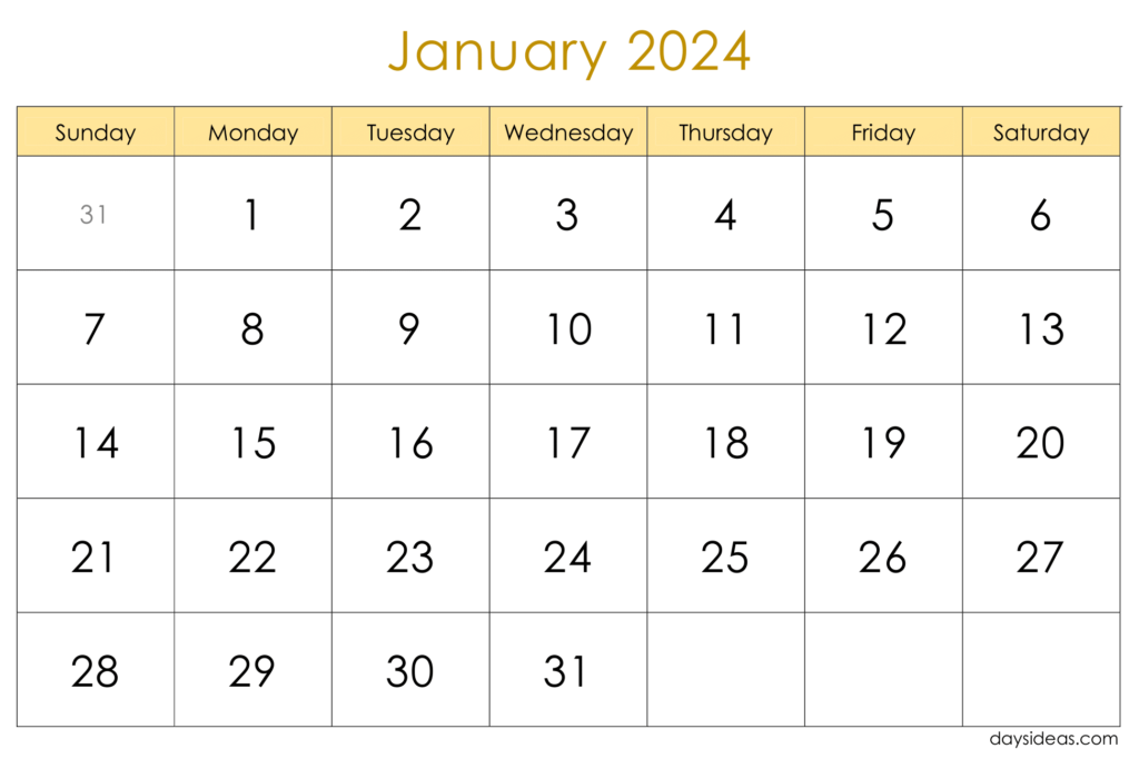 Printable January 2024 Calendar large number with sunday start-1