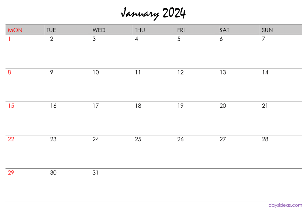 Printable January 2024 Monthly Calendar - Monday Start-1