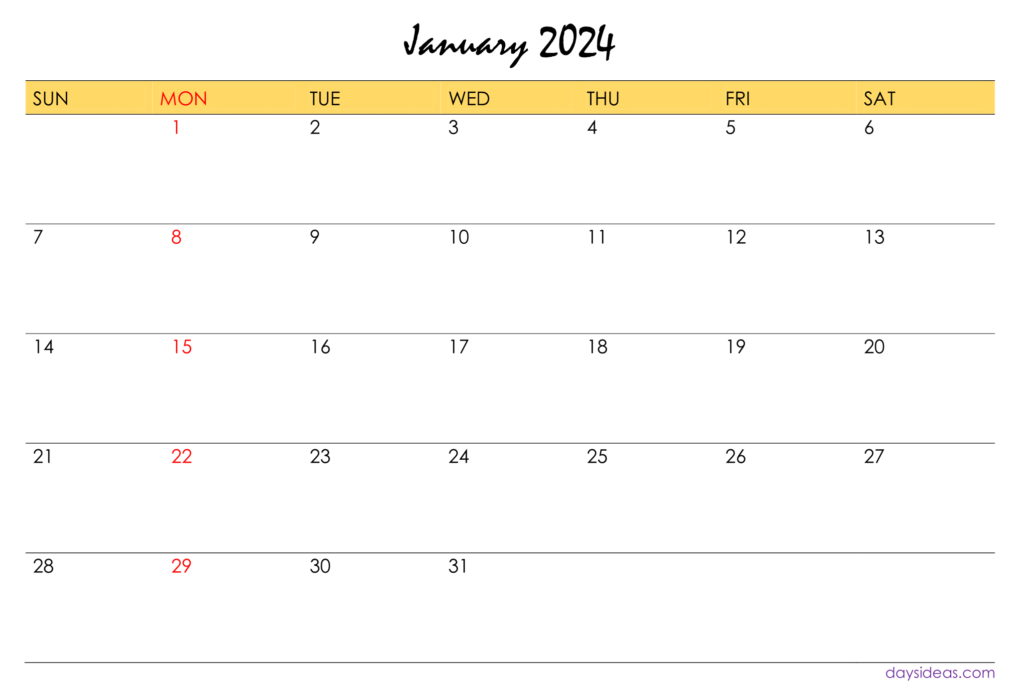 Printable January 2024 Monthly Calendar - Sunday Start-1