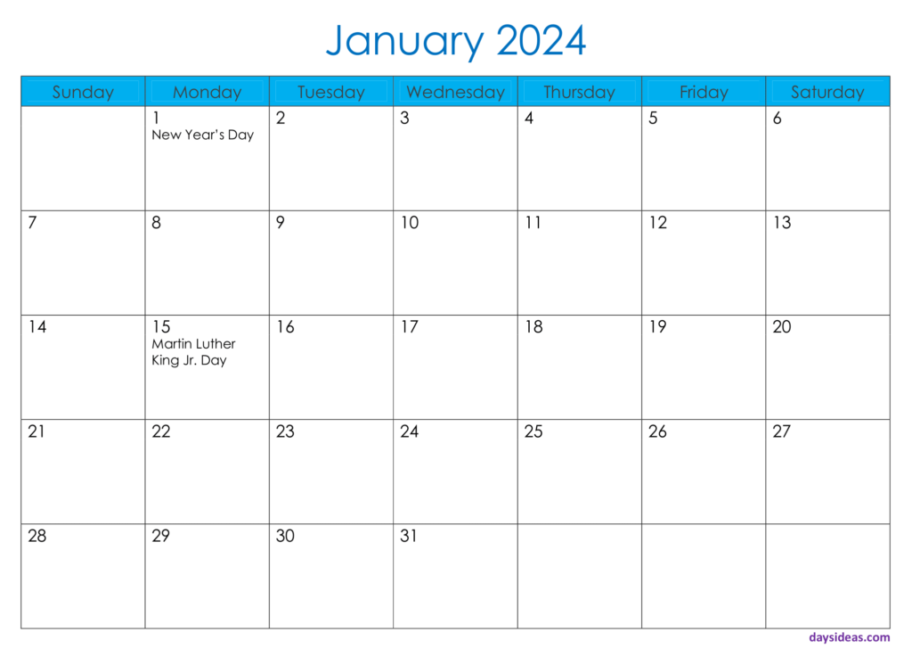 Simple January 2024 Calendar with holidays - Sunday start