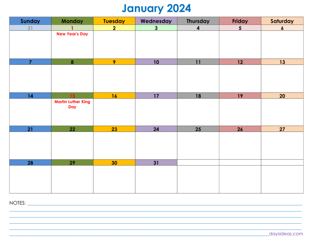 january-2024-colourfull-calendar-landscape-with-holidays with notes - sunday start-1